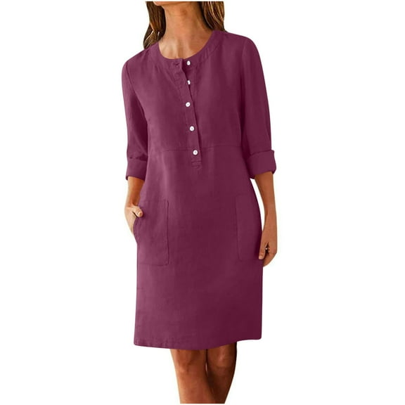 Women’s Casual Button Front Dress 3/4 Sleeve Loose Tunic Shift Dress with Pockets Summer Business Work Dresses