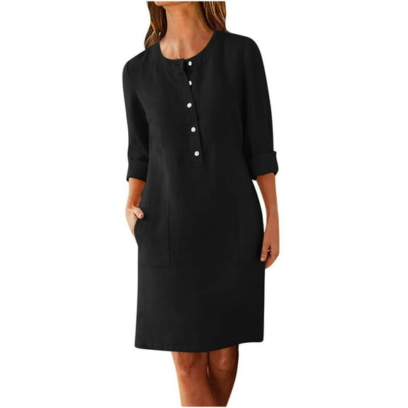 Women’s Casual Button Front Dress 3/4 Sleeve Loose Tunic Shift Dress with Pockets Summer Business Work Dresses