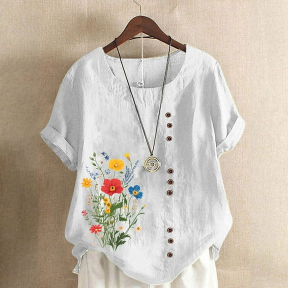 Women's Casual Button Short Sleeve Shirts Fit Round Neck Print T Shirts Blouse Summer Trendy Work Blouses