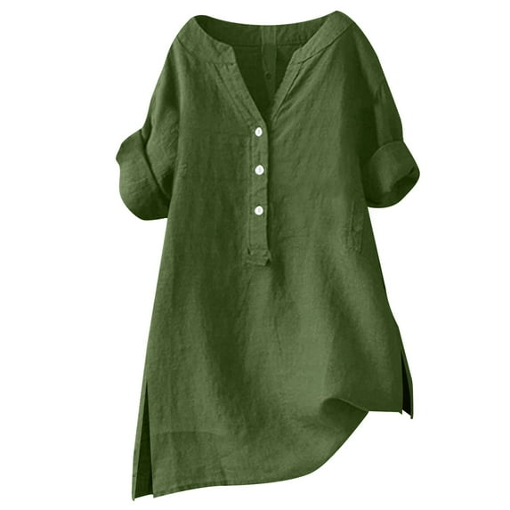 Women's Casual Button-Up Shirt – Stand Collar, Solid Color, Loose Fit, 3/4 Sleeve Top, Green Loose Button Shirt Top Stand Solid Color Sleeve Collar Casual Women's Shirt Women's Shirt