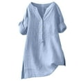 thumbnail image 1 of Women's Casual Button-Up Shirt – Stand Collar, Solid Color, Loose Fit, 3/4 Sleeve Top, Sky Blue Loose Button Shirt Top Stand Solid Color Sleeve Collar Casual Women's Shirt Women's Shirt, 1 of 4