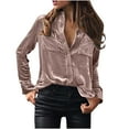thumbnail image 1 of Women's Casual Button up T Shirt Long Sleeve Solid Color Tunic Tops V Neck Spring Cozy Velour Blouses with Pockets(Rose Gold,XL), 1 of 4