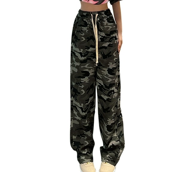 Women's Casual Camo Wide Leg Pants Versatile Loose Fit Retro Style Trousers Camouflage L