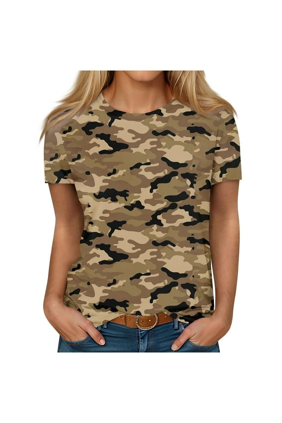 Women's Casual Camouflage T-Shirt Short Sleeve Crew Neck, Soft Cotton Blend, Stylish Everyday Wear