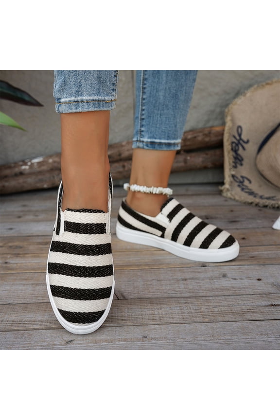 Women's Casual Canvas Flats, Round Toe Slip on Moccasins, Breathable Comfortable Flat Shoes for Daily Wear, Leisure and Outdoor, Striped Print, Color Matching