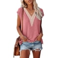 thumbnail image 1 of Women's Casual Cap Sleeve Lace Trim V Neck Tops 2023 Summer Loose Tee Shirts Blouse, 1 of 16