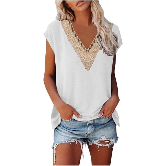 Women's Casual Cap Sleeve Lace Trim V Neck Tops 2025 Summer Loose Tee Shirts Blouse