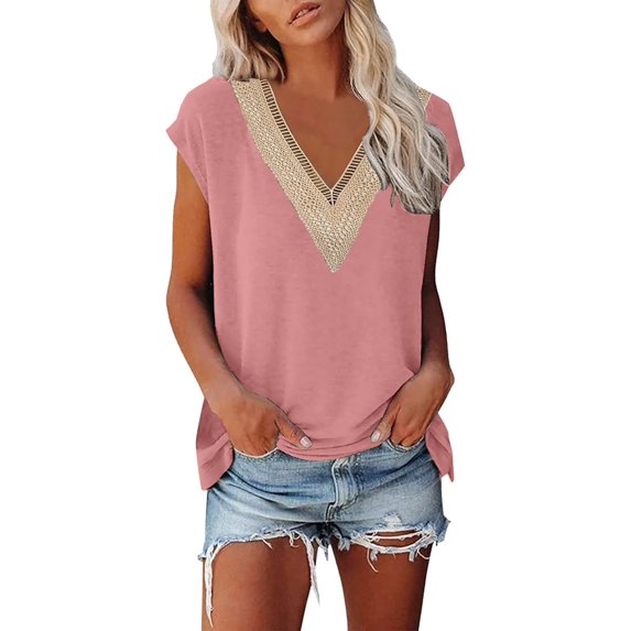 Women's Casual Cap Sleeve Lace Trim V Neck Tops 2025 Summer Loose Tee Shirts Blouse