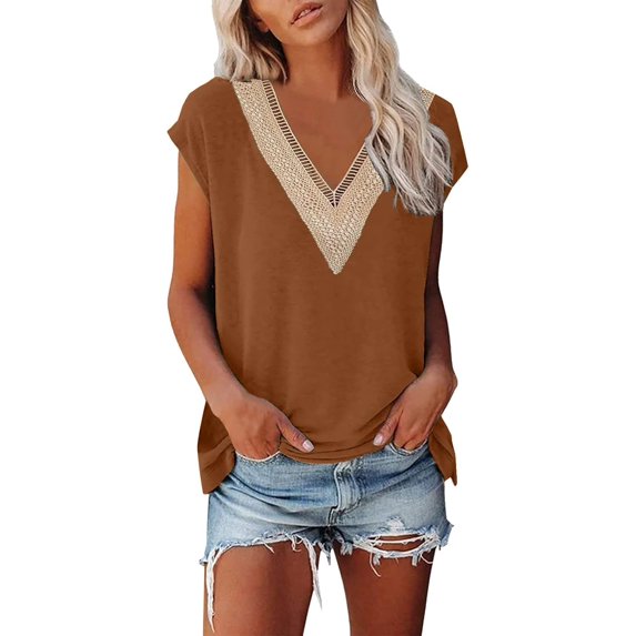 Women's Casual Cap Sleeve Lace Trim V Neck Tops 2025 Summer Loose Tee Shirts Blouse