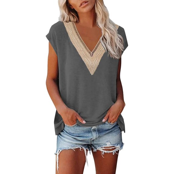 Women's Casual Cap Sleeve Lace Trim V Neck Tops 2025 Summer Loose Tee Shirts Blouse