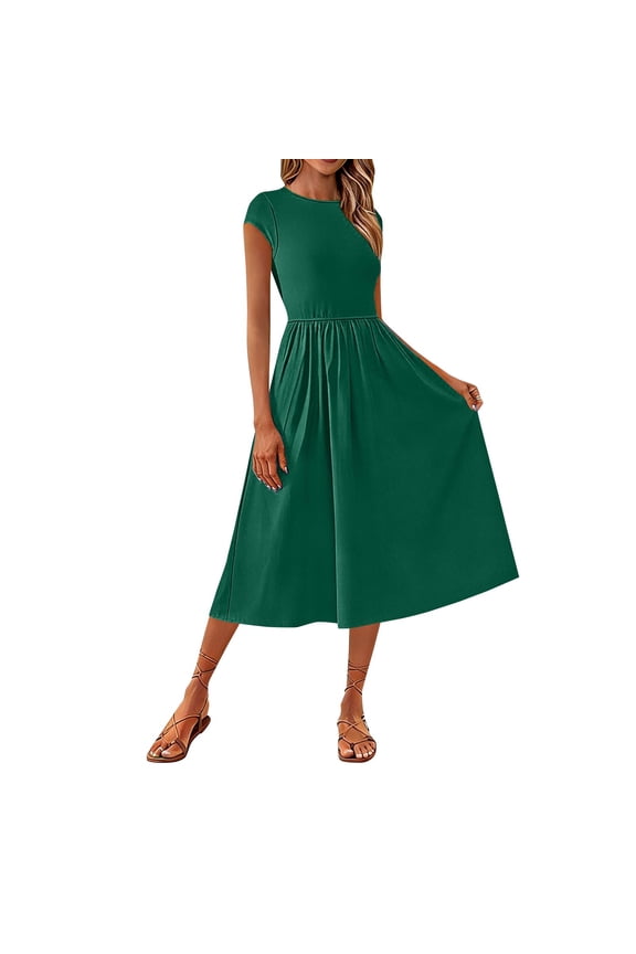 Women's Casual Cap Sleeve Midi Dress Crewneck Swing Flowy Empire Waist Long Dresses 2026 Summer Trendy A Line Dress