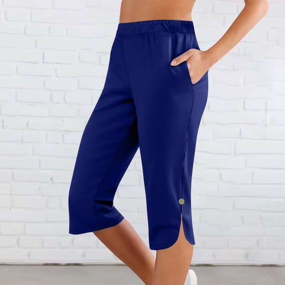 Women's Casual Capri Pants Elastic High Waist Drawstring Pull on Stretchy Solid Color Cropped Pants with Side Pockets Lightweight Breathable Summer Lounge Trousers for Daily Wear