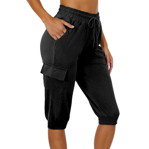 Women's Casual Capri Pants High Waisted Lightweight Cargo Cropped Pants with Pockets Summer Elastic Waist Comfortable Travel Joggers
