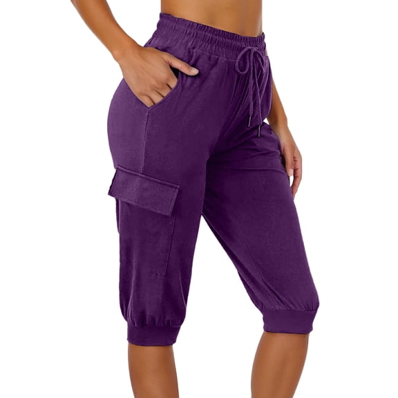 Women's Casual Capri Pants High Waisted Lightweight Cargo Cropped Pants with Pockets Summer Elastic Waist Comfortable Travel Joggers