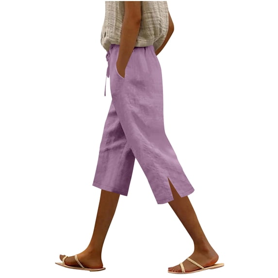 Women's Casual Capris Pants Elastic High Waist Drawstring Straight Leg Split Bottom Lounge Capri Pant with Pockets (XL, Purple)