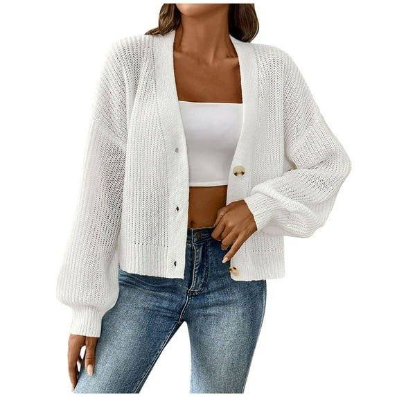 Women's Casual Cardigan Solid Color Button Sweater Short Long Sleeve Coat Jacket