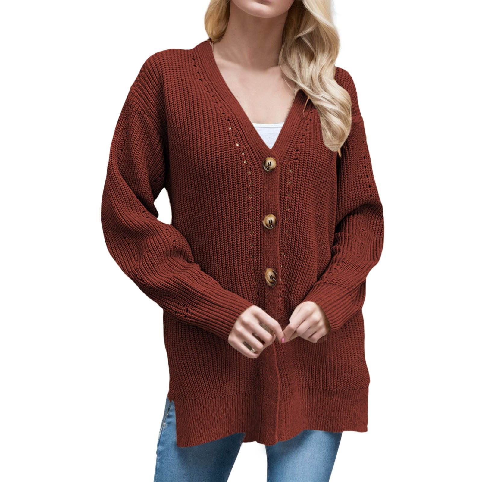 Women's Casual Cardigan Sweater Button Down Long Sleeve V Neck Solid