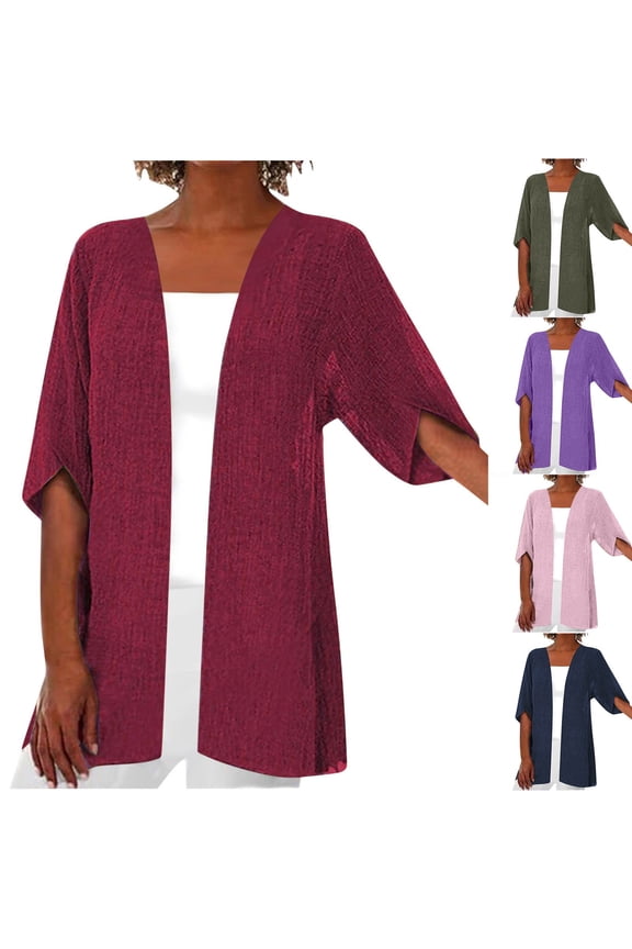 Women's Casual Cardigan Sweater Top Half Sleeve Hoodeless Solid Color Loose Fit Lightweight Layering Piece for Spring Fall | CSEONE,Purple XL