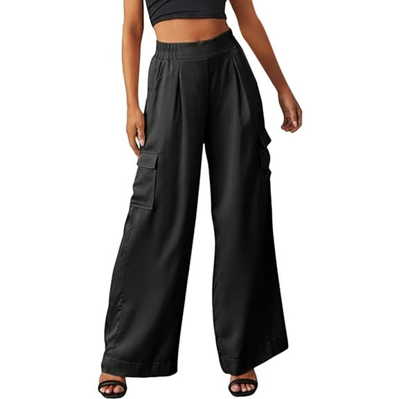 Women's Casual Cargo Pants 4 Pockets Wide Leg High Waisted Straight Leg Pants Baggy Comfy Satin Trousers