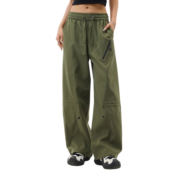 Women's Casual Cargo Pants - Lightweight Solid Color Drawstring Multi-Pockets Straight-Leg Trousers, Army Green Size M