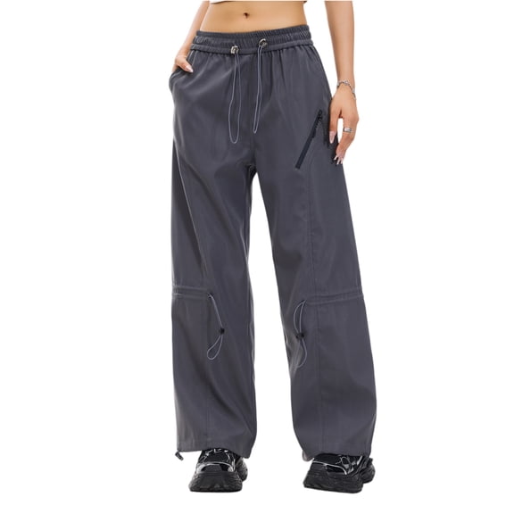 Women's Casual Cargo Pants - Lightweight Solid Color Drawstring Multi-Pockets Straight-Leg Trousers, Dark Gray Size XXL