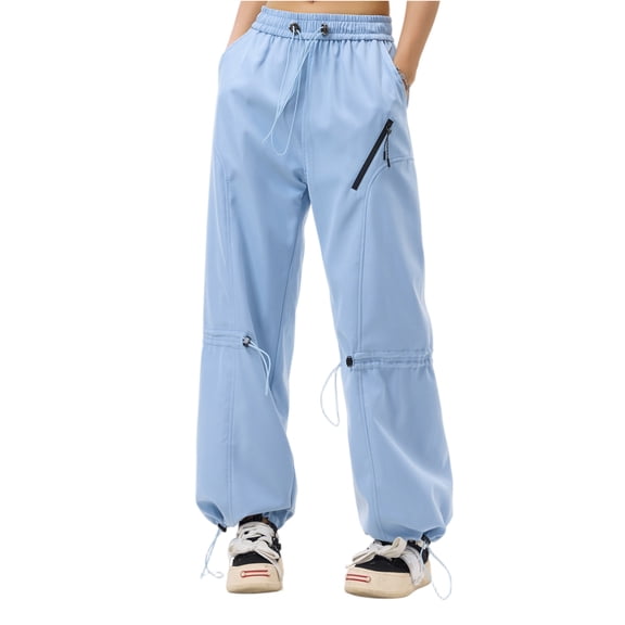 Women's Casual Cargo Pants - Lightweight Solid Color Drawstring Multi-Pockets Straight-Leg Trousers, Sky Blue Size M