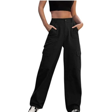 Women's Casual Cargo Pants Solid Color Cotton Loose Straight Pants Fashion Front Button Comfortable Stretch Pants with Pockets