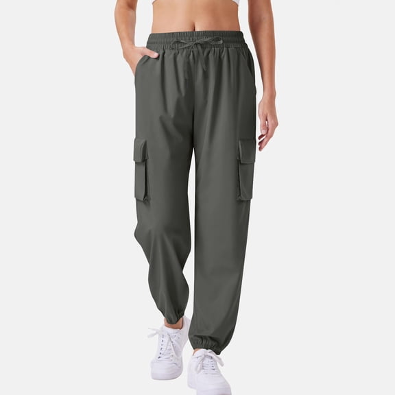 Women's Casual Cargo Pants Solid Color Drawstring Elastic Waist Multiple Pockets Joggers, Dark Gray, S