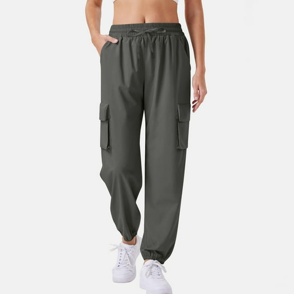 Women's Casual Cargo Pants Solid Color Drawstring Elastic Waist Multiple Pockets Joggers, Dark Gray, XXL