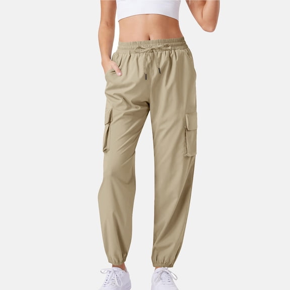 Women's Casual Cargo Pants Solid Color Drawstring Elastic Waist Multiple Pockets Joggers, Khaki, S