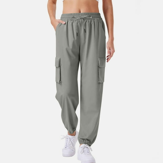 Women's Casual Cargo Pants Solid Color Drawstring Elastic Waist Multiple Pockets Joggers, Light Gray, XL