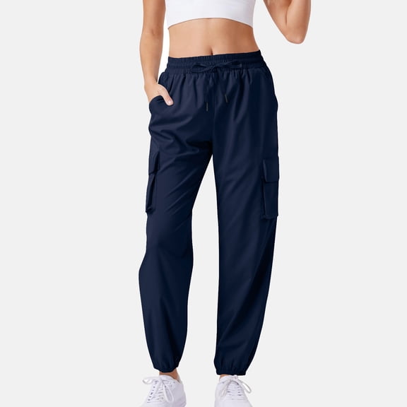 Women's Casual Cargo Pants Solid Color Drawstring Elastic Waist Multiple Pockets Joggers, Navy Blue, S