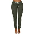 thumbnail image 1 of Women's Casual Cargo Pants Solid Color Stretch Drawstring Long Skinny Joggers Pants with Pockets 2025, 1 of 5