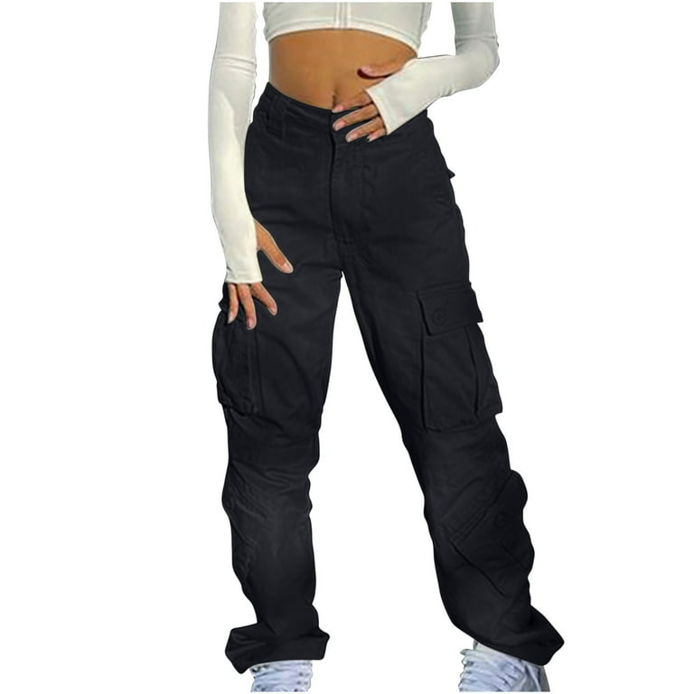 Women's Casual Cargo Pants Solid Mid Waist Y2k Pants with Multi