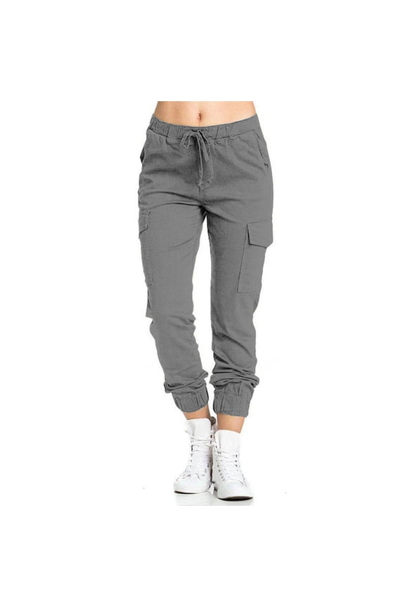 Loose Fit Women's Cargo Pants with Drawstring and Elastic Mid-Waist, Featuring Side Pockets - Grey, Size S