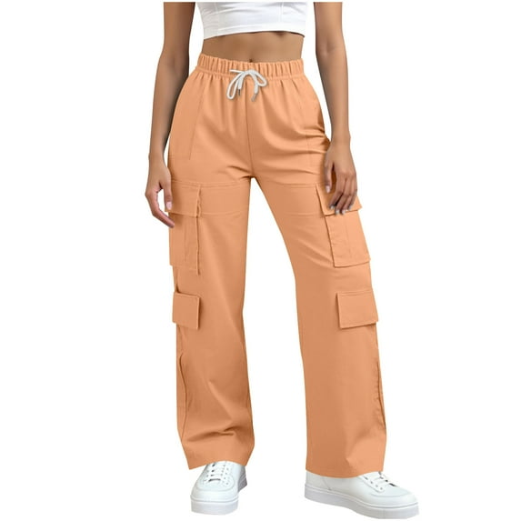 Women's Casual Cargo Solid Color Straight Leg Elastic Waist Functional Pockets Casual Pants for Daily Casual Outfits