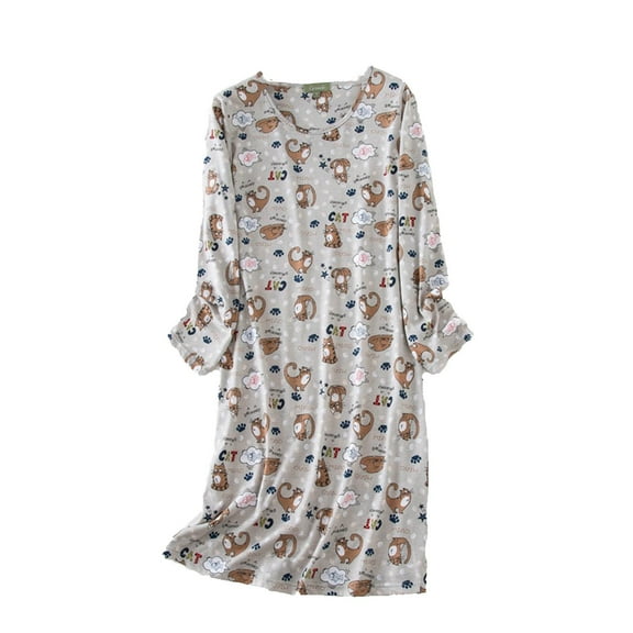 Women's Casual Cat Print Long Sleeve Cotton Nightgown & Sleepshirt, Coffee
