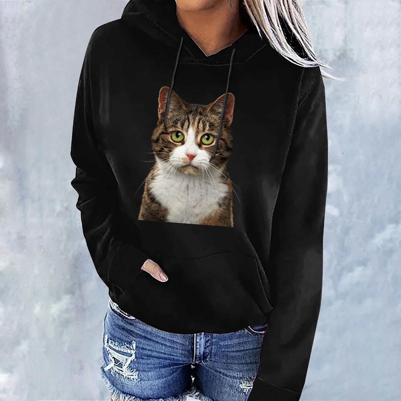 Cat Print Long Sleeve Hooded Loose Hoodies Cat Print Long Sleeve Hooded Loose Hoodies