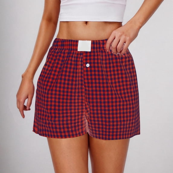 Women's Casual Checkered Button-Front Shorts with Elastic Waist and Side Pockets - Soft Breathable Fabric for Summer Comfort