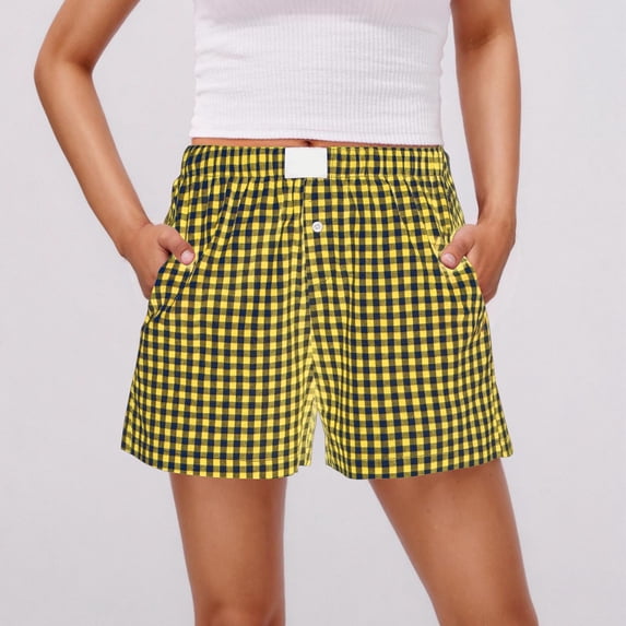 Women's Casual Checkered Button-Front Shorts with Elastic Waist and Side Pockets - Soft Breathable Fabric for Summer Comfort