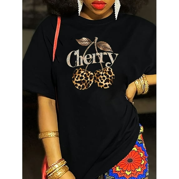 Women's Casual Cherry Print T-Shirt with Leopard Print Cherries & Letter Design - Short Sleeve, Crew Neck, Knit Top in Vibrant Orange, Ladies T Shirts