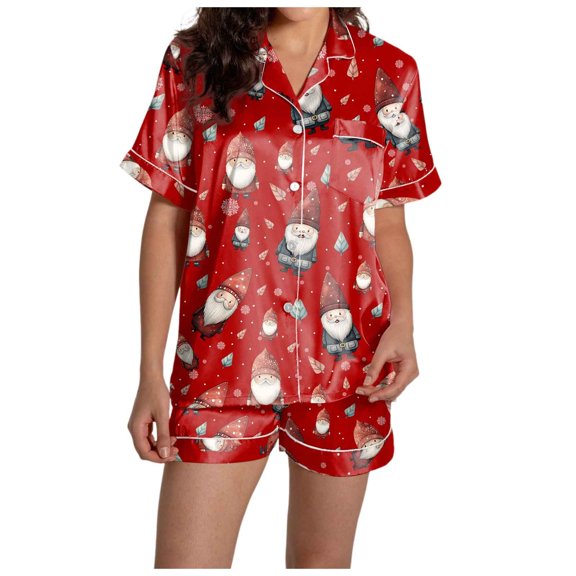 Women's Casual Christmas Print Pajama Set Silk Satin Short Sleeve Button Up Top And Shorts Set
