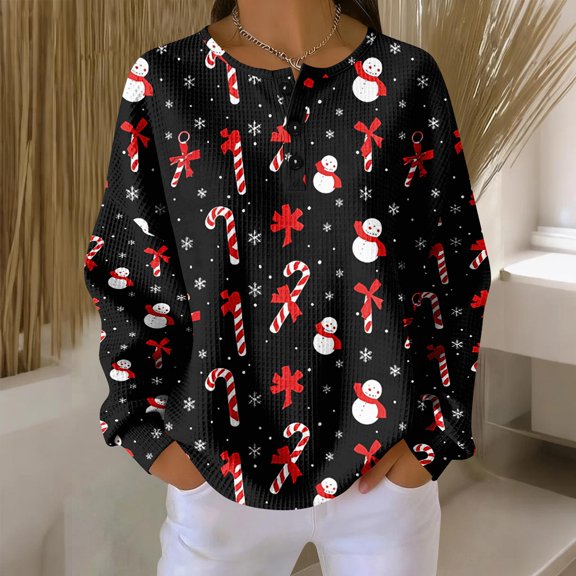 Women's Casual Christmas Print Waffle Henley Shirt Long Sleeve Top Button Up V Neck Loose Knit Fall Winter Favorite Blouse,Black,L