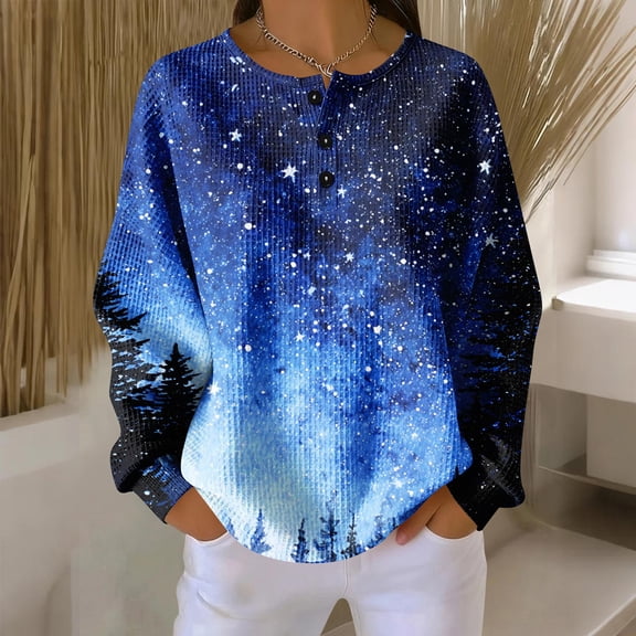Women's Casual Christmas Print Waffle Henley Shirt Long Sleeve Top Button Up V Neck Loose Knit Fall Winter Favorite Blouse,Blue,S