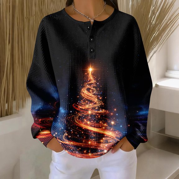 Women's Casual Christmas Print Waffle Henley Shirt Long Sleeve Top Button Up V Neck Loose Knit Fall Winter Favorite Blouse,Dark Blue,M