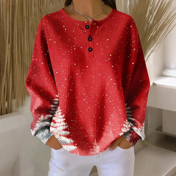 Women's Casual Christmas Print Waffle Henley Shirt Long Sleeve Top Button Up V Neck Loose Knit Fall Winter Favorite Blouse,Red,S
