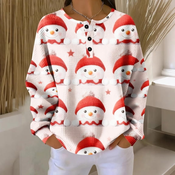 Women's Casual Christmas Print Waffle Henley Shirt Long Sleeve Top Button Up V Neck Loose Knit Fall Winter Favorite Blouse,Vermilion,M