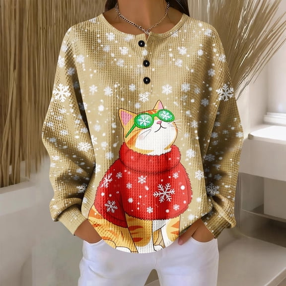 Women's Casual Christmas Print Waffle Henley Shirt Long Sleeve Top Button Up V Neck Loose Knit Fall Winter Favorite Blouse,Vermilion,S