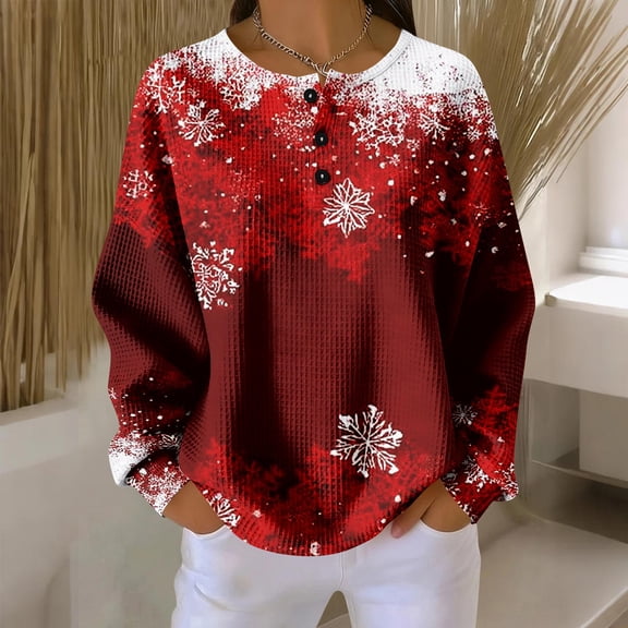 Women's Casual Christmas Print Waffle Henley Shirt Long Sleeve Top Button Up V Neck Loose Knit Fall Winter Favorite Blouse,Wine,S