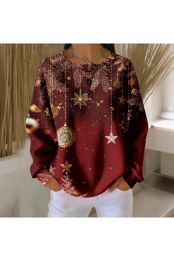 Women's Casual Christmas Print Waffle Henley Shirt Long Sleeve Top Button Up V Neck Loose Knit Fall Winter Favorite Blouse,Wine,S